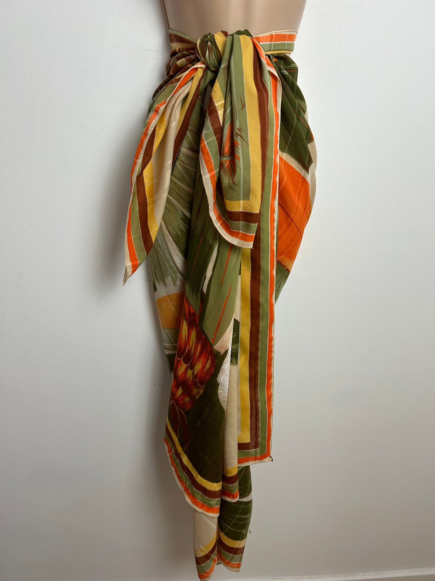 Vintage FRANCO LAURENTI Very large Green Orange & Cream Toucan Bird & Leaf Print Shawl/Scarf/Sarong