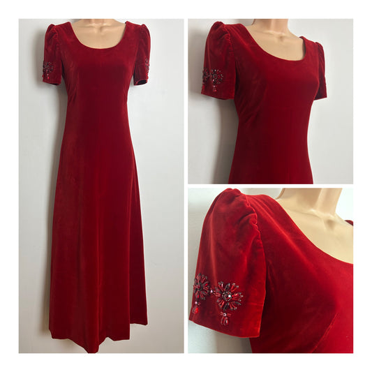 Vintage 1970s Size 6 Red Velvet Short Sleeve Bead Embellished Xmas Maxi Dress