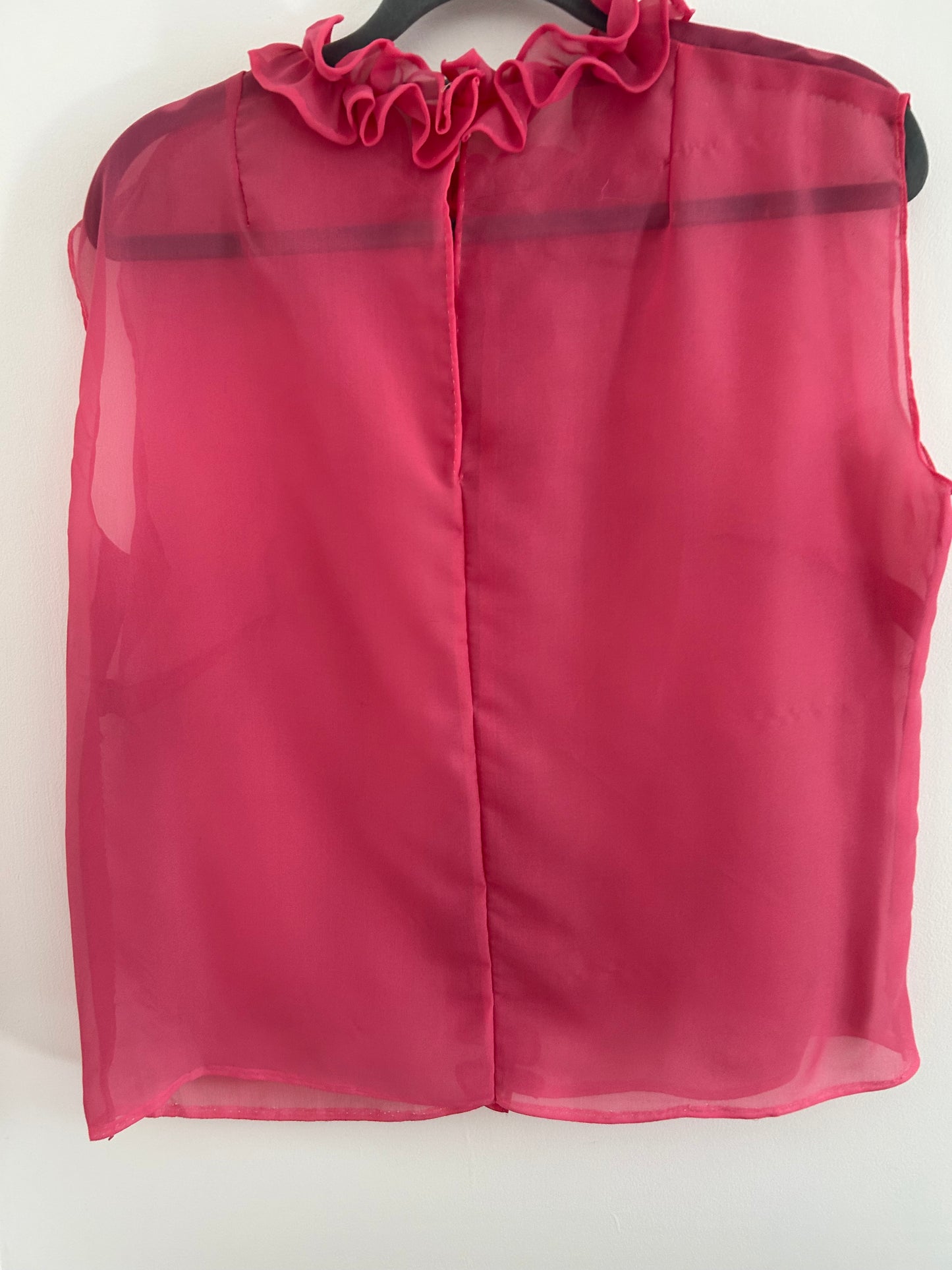 Vintage 1960s Size 14 Candy Pink Sleeveless Ruffle Trim Semi Sheer Lightweight Blouse Top