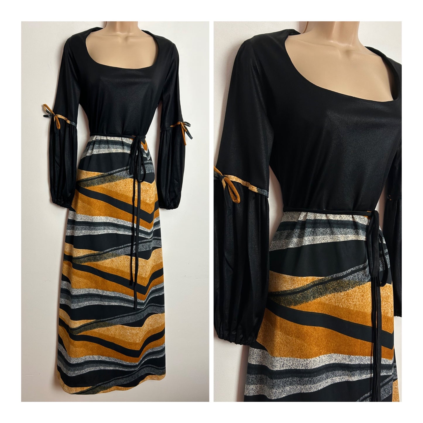 Vintage 1970s UK Size 12-14 Black Grey & Sandy Beige Stripe Juliet Sleeve Belted Maxi Dress