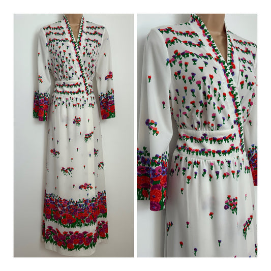Vintage 1970s FURSTENBERG Size 14 White Red Purple & Green Floral Wrap Tie Back Dress/Hostess Gown