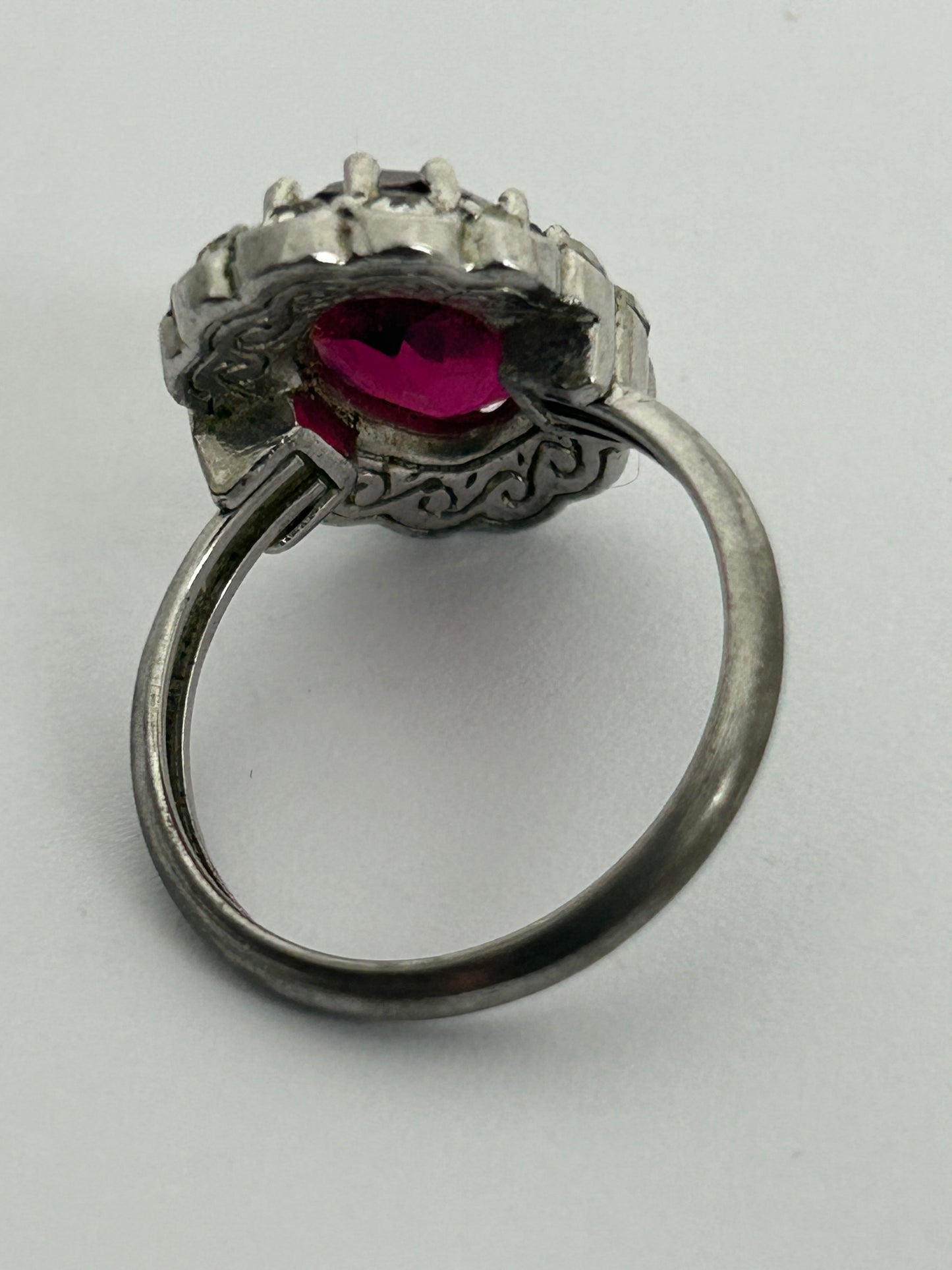 Vintage Silver Tone Red Glass & Diamante Stone Set Cocktail Ring Size T