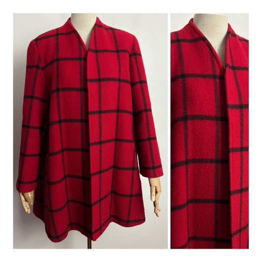 Vintage WINDSMOOR UK Size 10 Red & Black Check Pure New Wool Collarless Open Fronted Swing Style Jacket/Coat