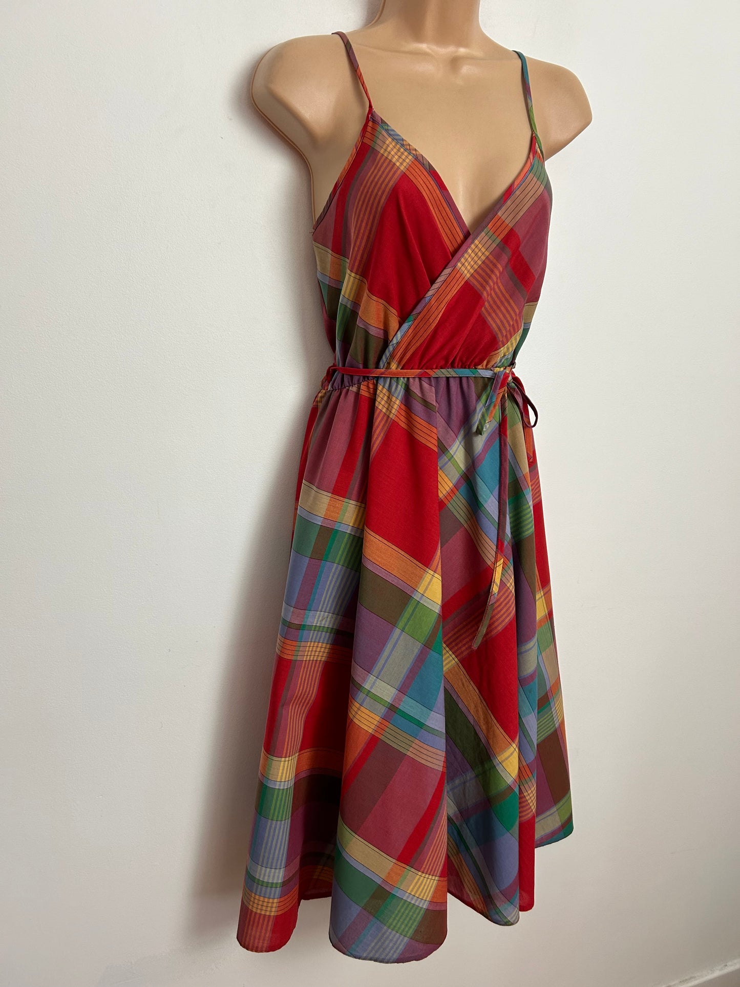 Vintage Late 1970s ST MICHAEL UK Size 14 Red Rainbow Check Print Cotton Mix Belted Summer Dress