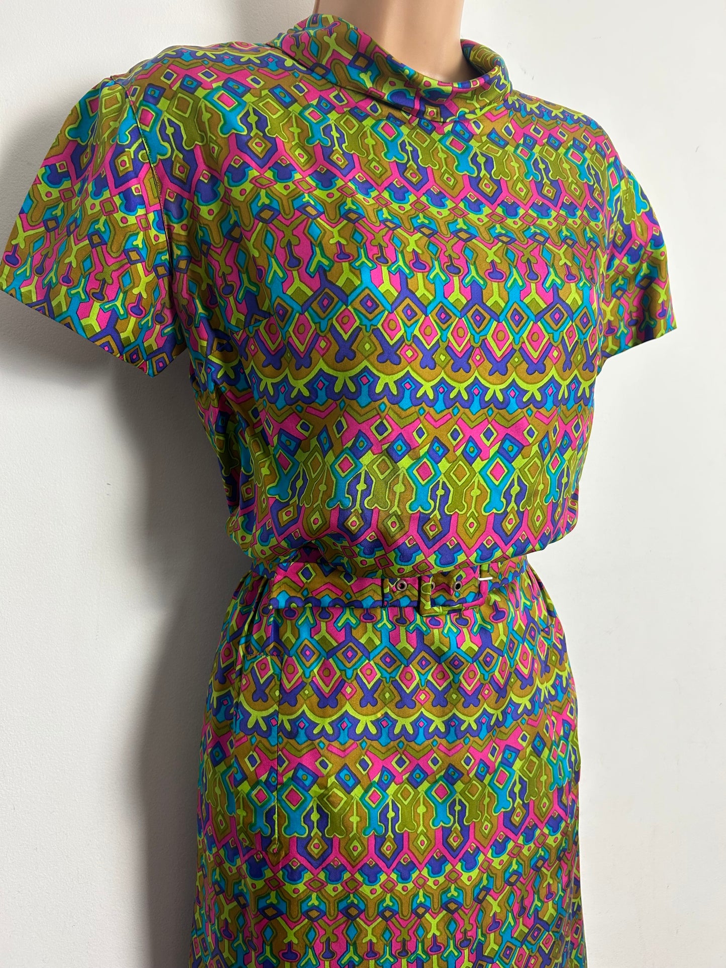 Vintage 1960s Size 10 Green Pink Purple & Tan Brown Abstract Print SILK Belted Mod Dress