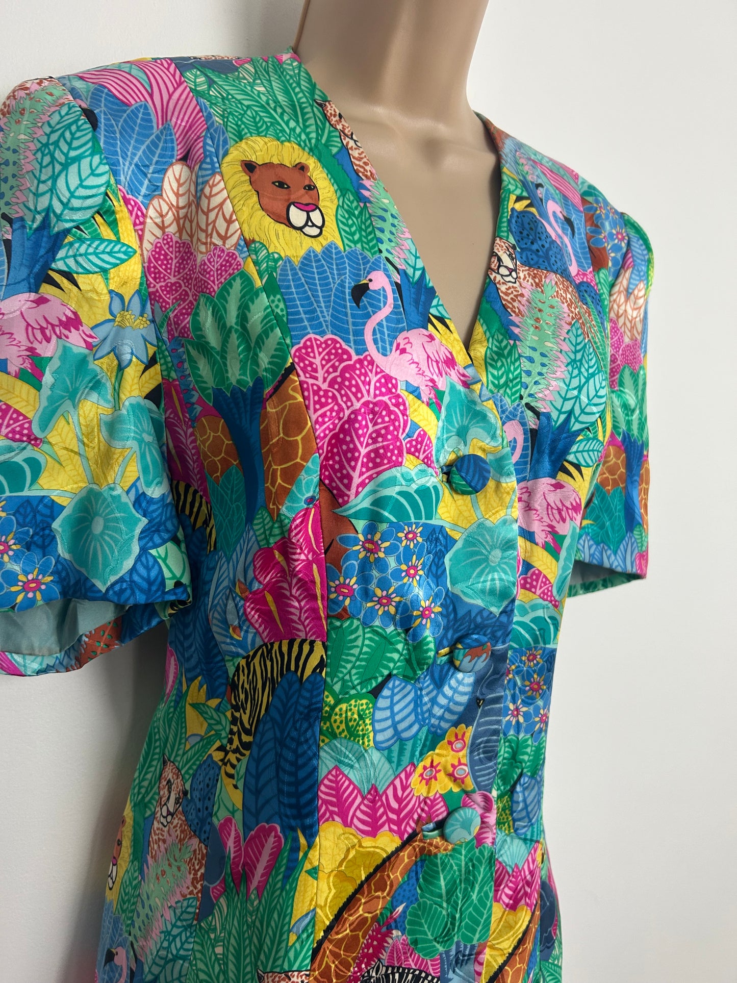 Vintage 1980s DONALD CAMPBELL Size 14 Blue Pink Green Yellow Flamingo Leopard & Lion Print Jungle Print
