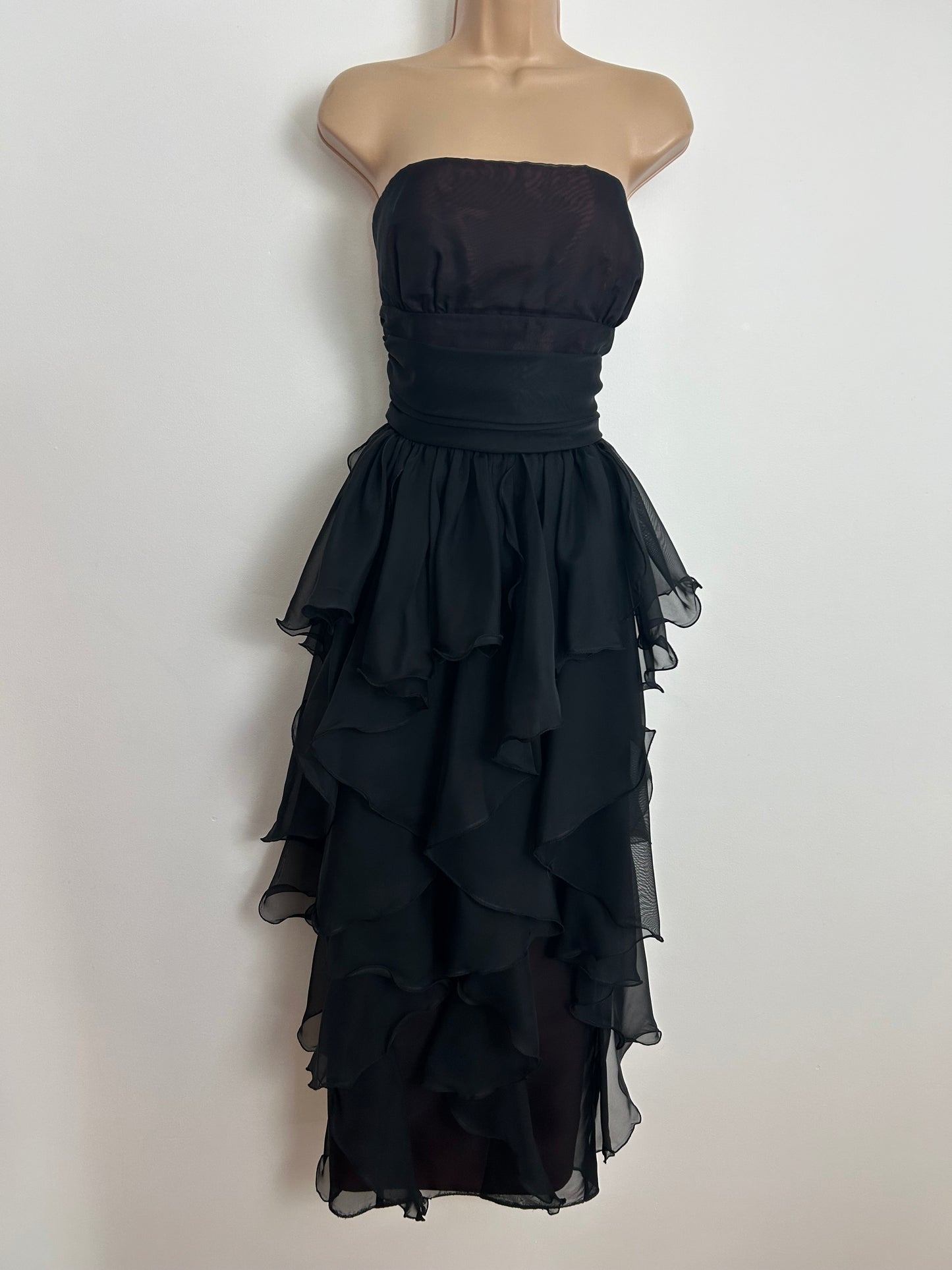 Vintage Early 1980s FRANK USHER Size 10 Black Strapless Layered Evening Cocktail Occasion Dress