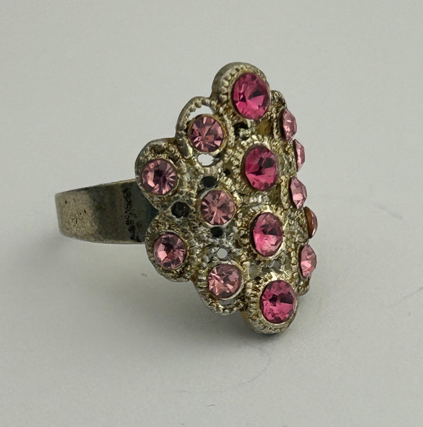 Vintage Silver Tone Metal & Purple Pink Diamante Stone Set Adjustable Ring Up To UK Size U