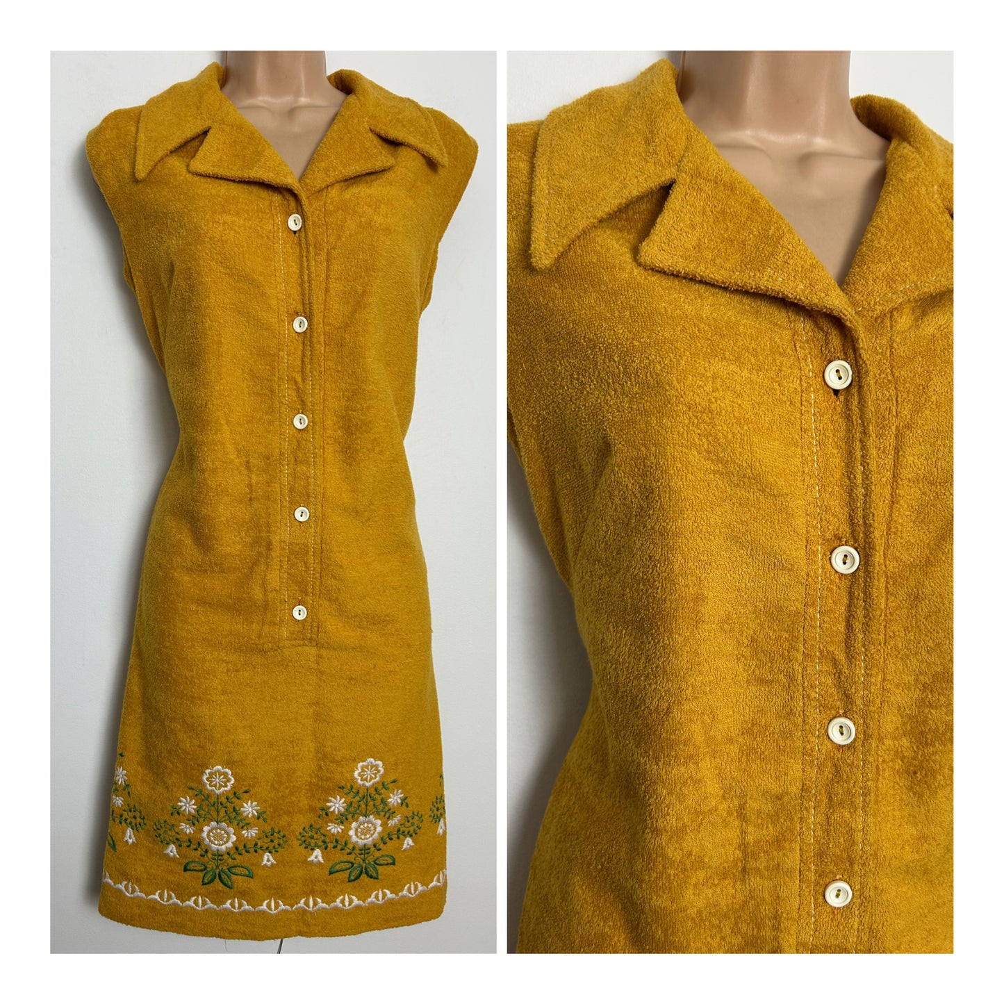 Vintage 1970s FRANKENWALDER Size 14 Mustard Yellow Embroidered Detail Towelling Shift Dress