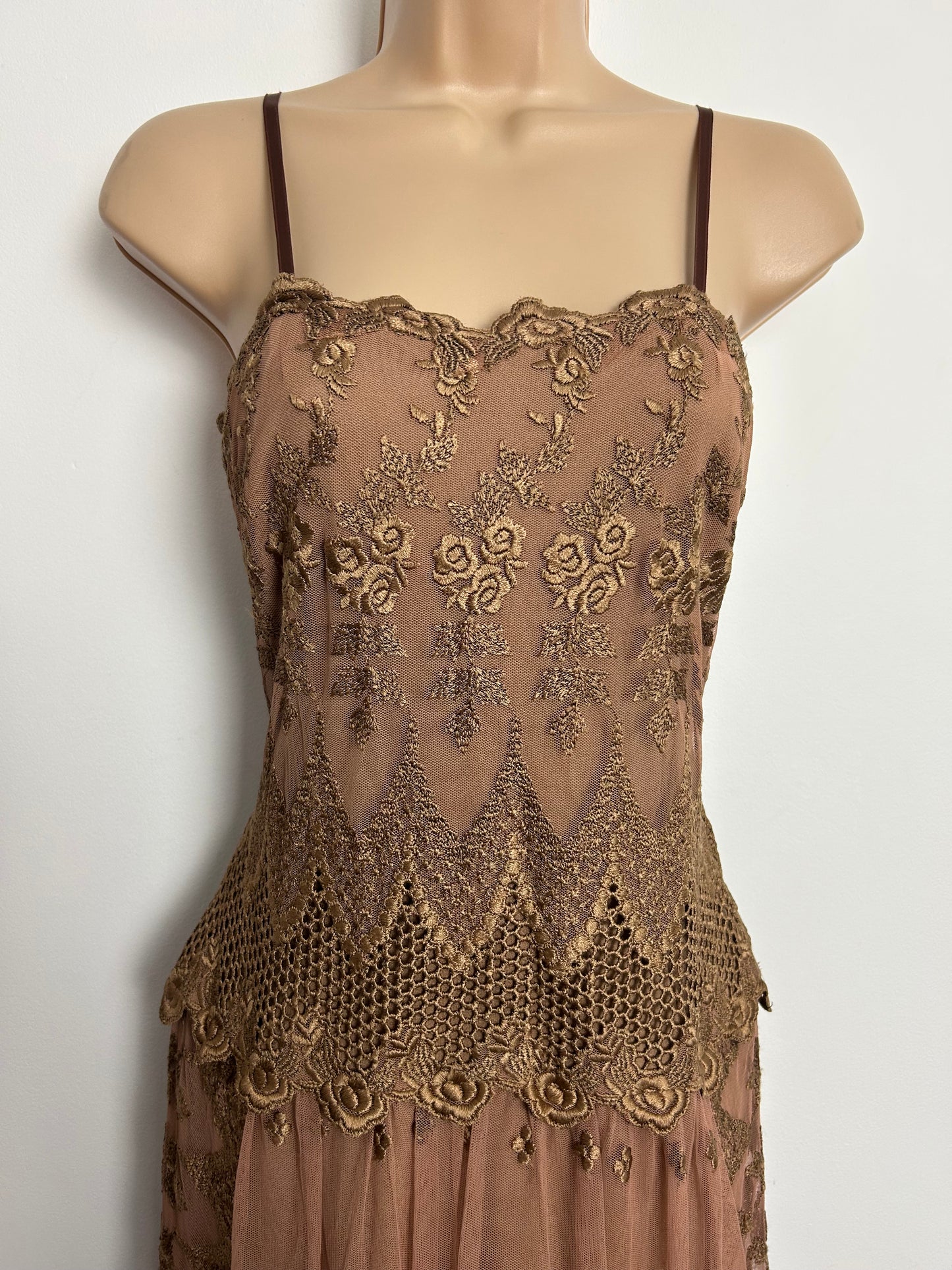 Vintage Late 1970s FRANK USHER Size 10 Beautiful Brown Lace Occasion Evening Gown