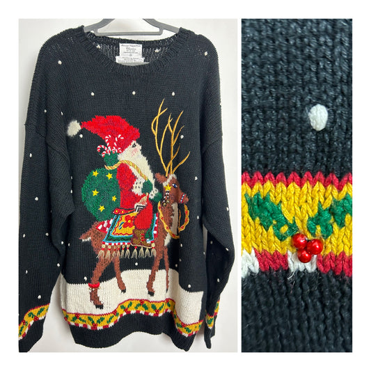 Vintage MARISA CHRISTINA Classics Size XL Up To 16 Father Christmas Santa Ramie Mix Xmas Jumper