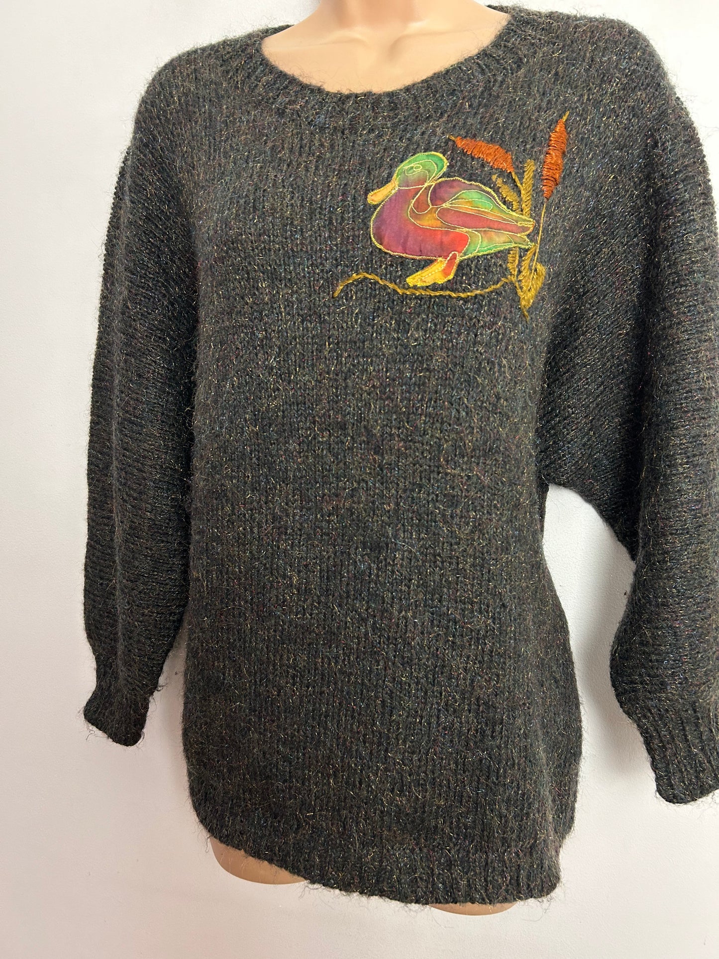 Vintage 1980s One Size Up To Size 16 /18 Dark Grey Mohair Mix Duck Applique Long Sleeve Jumper