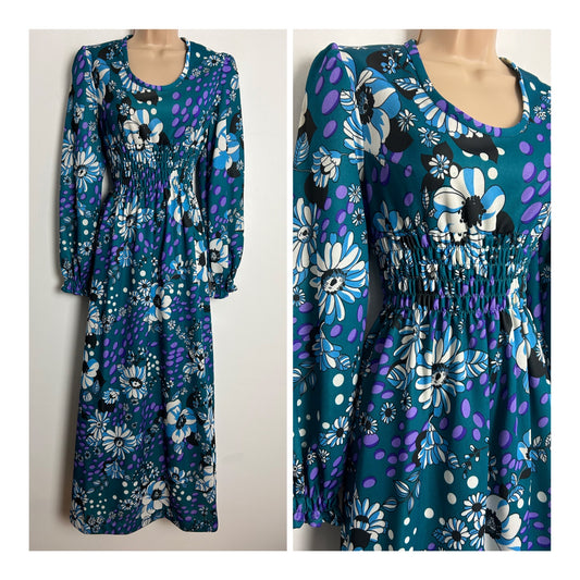 Vintage 1970s C&A UK Size 8-10 Teal Purple White & Blue Floral & Spot Print Long Sleeve Shirred Waist Maxi Dress