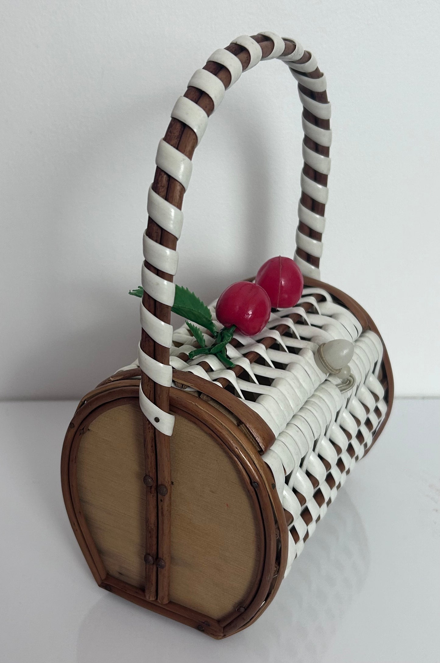 Vintage 1950s Cute Wooden & White Woven Cherries Detail Box Bag