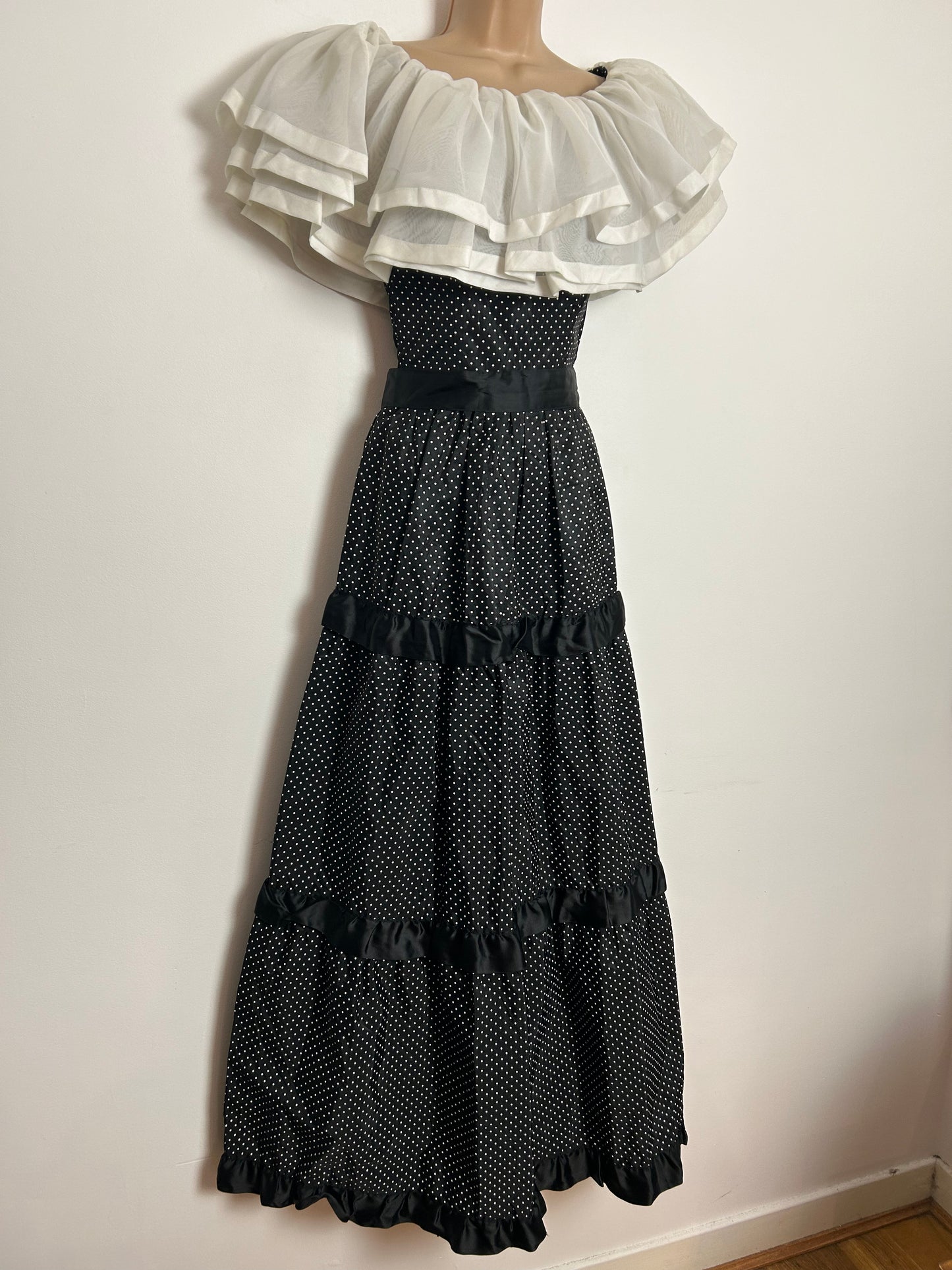 Vintage 1970s LURMAN UK Size 6 Black & White Polka Dot Print Belted Tiered Boho Prairie Maxi Dress