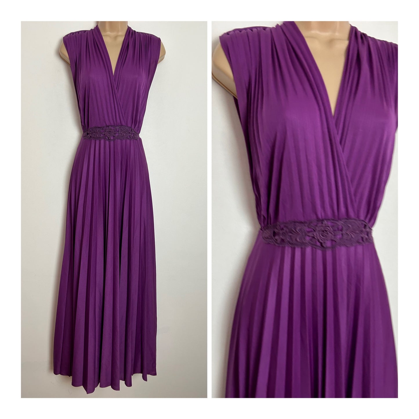 Vintage 1970s UK Size 6-8 Plum Purple Pleated Sleeveless Crochet Detail Tie Back Boho Occasion Maxi Dress (Copy)