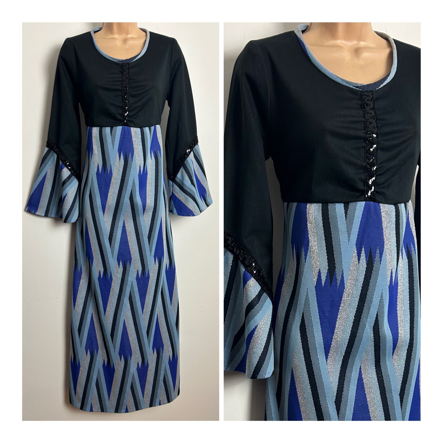 Vintage 1970s Size 12 Black Blue & Silver Stripe Print Long Flared Cuff Tie Back Evening Maxi Dress