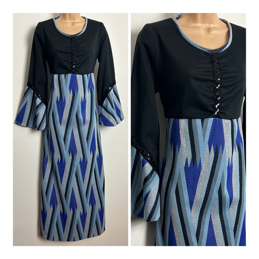 Vintage 1970s Size 12 Black Blue & Silver Stripe Print Long Flared Cuff Tie Back Evening Maxi Dress