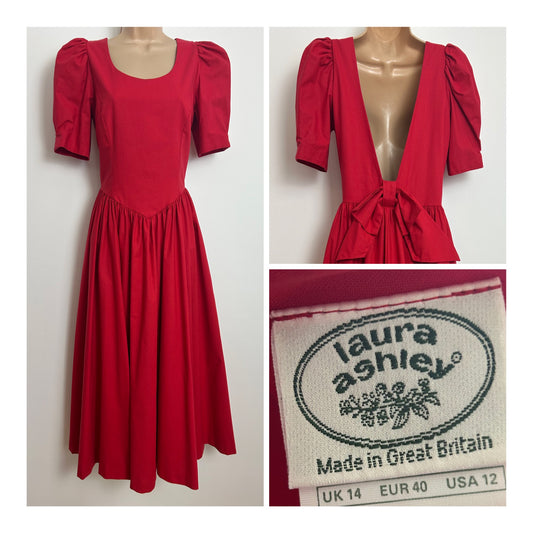 Vintage 1980s LAURA ASHLEY Size 10 (Size 14 On label) Red Open Bow Back Pleated Midi Dress