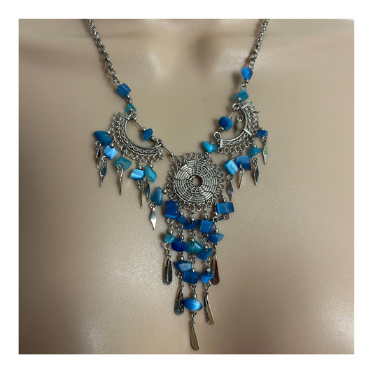 Vintage Silver Tone & Blue Glass Bead Dream Catcher Design Necklace