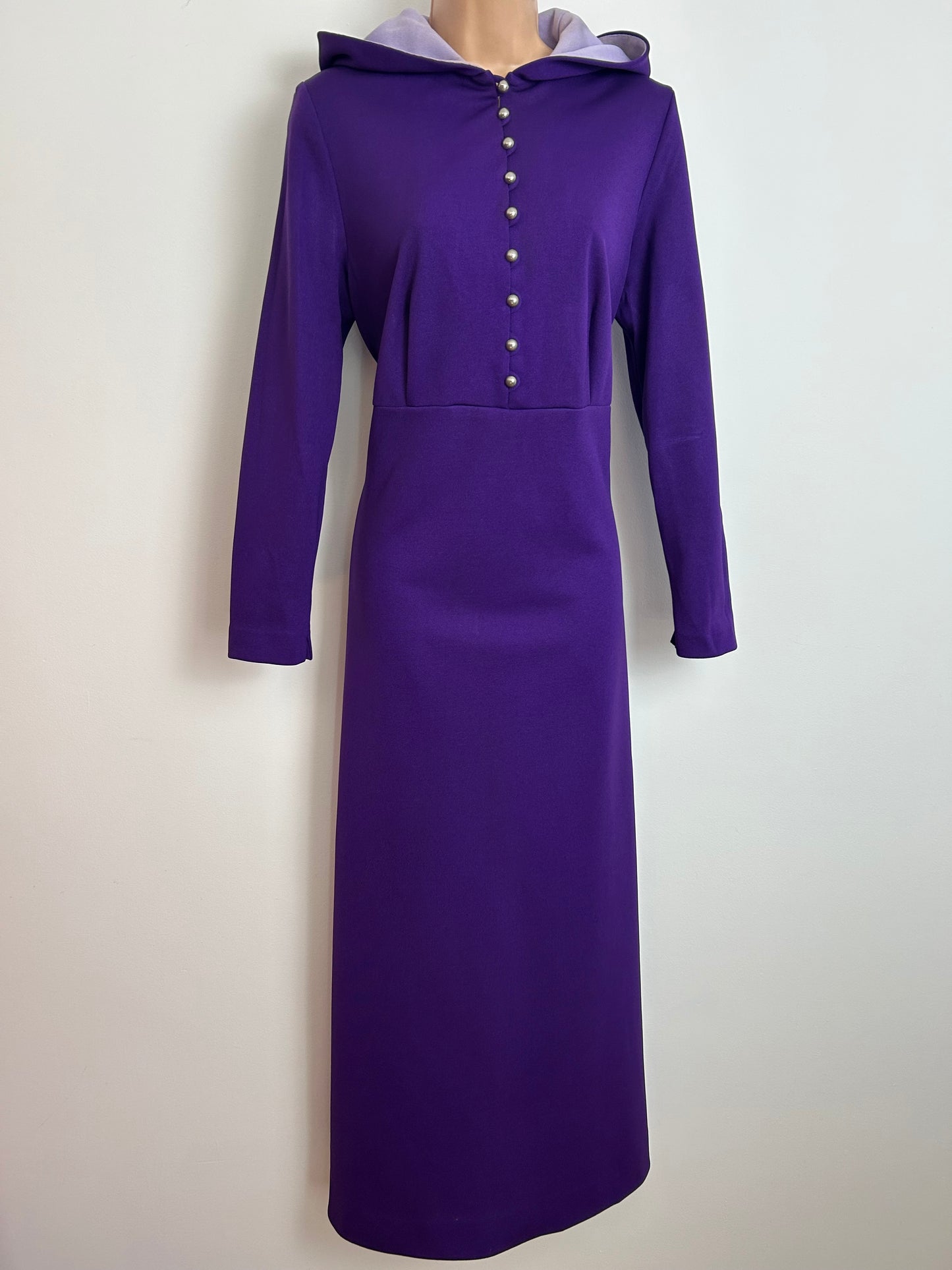 Vintage 1970s HENRIQUES OF LONDON Size 14 Purple Hooded Long Sleeve Maxi Dress