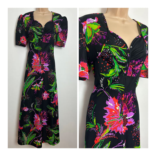 Vintage 1970s Size 14 Black Pink & Green Floral Print Short Sleeve Maxi Dress
