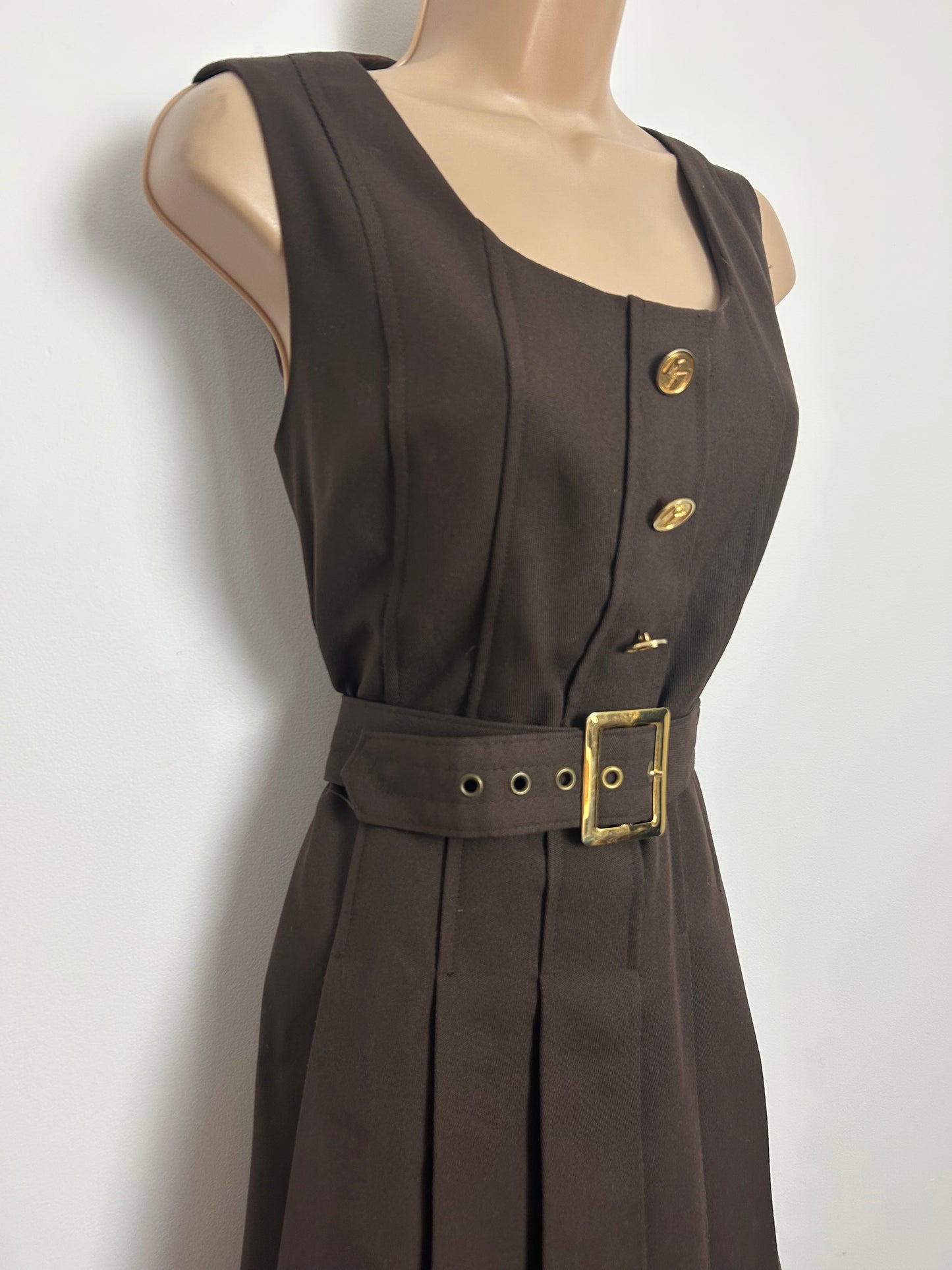 Vintage 1970s Size 12 Brown Pleated Belted Gold Button Detail Mod Day Dress