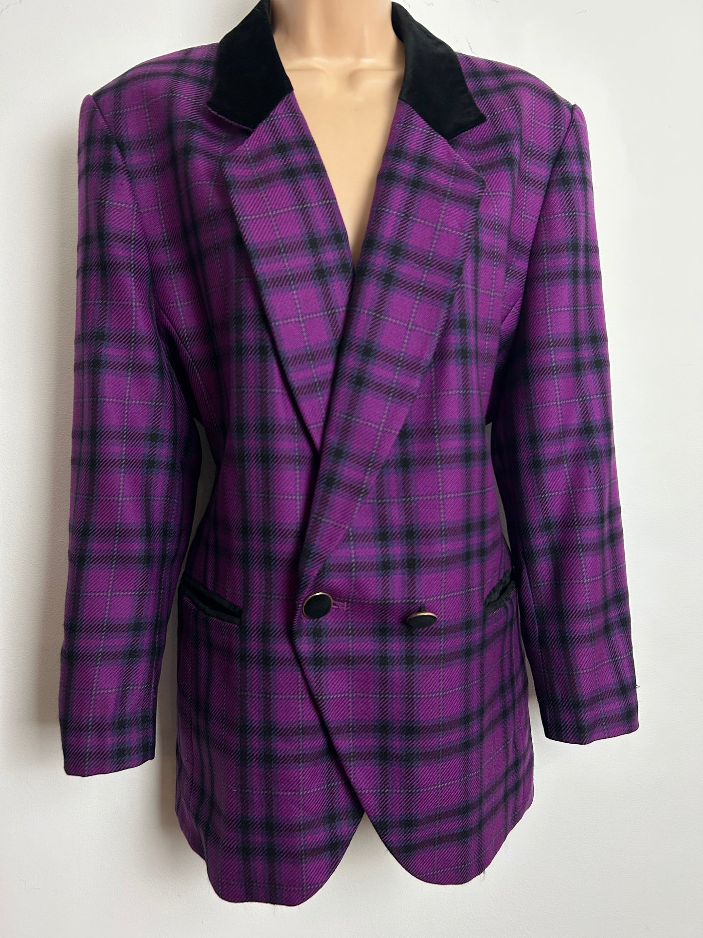 Vintage 1980s YOUR SIXTH SENSE Size 14-16 Purple All New Wool Check Blazer With Velvet Trim