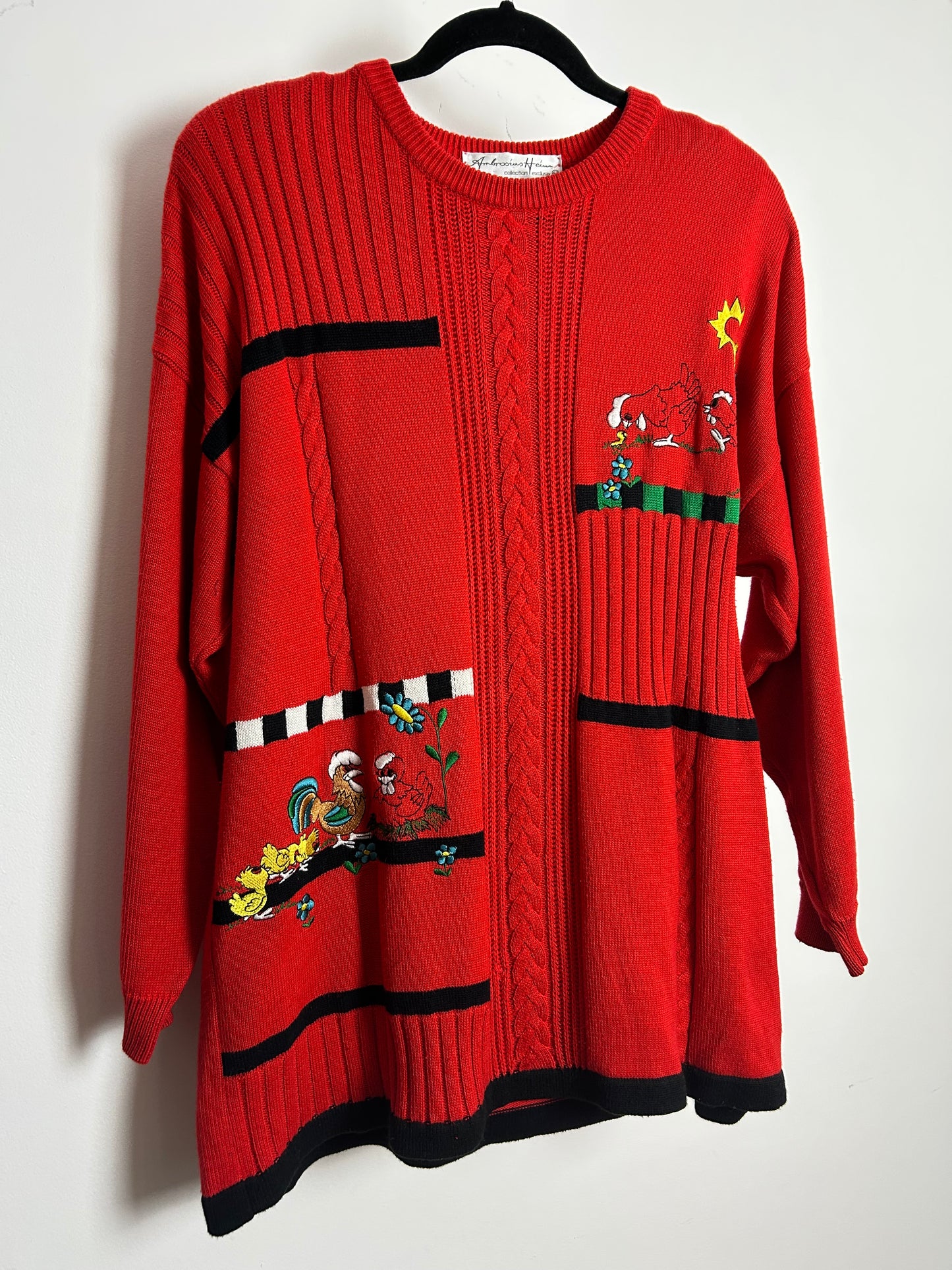 Vintage 1980s AMBROSIUS HEIM Up To Size 16 Red Cotton Mix Embroidered Chicken & Rooster Pattern Jumper