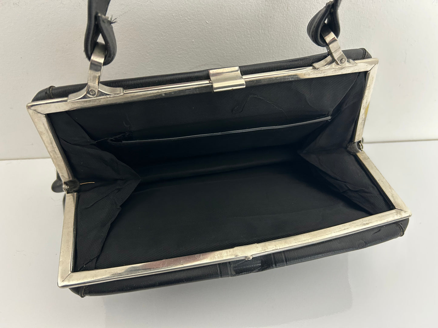 Vintage 1950s Small Black Faux Leather Silver Tone Kelly Style Handbag