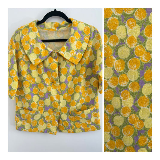 Vintage Late 1950s Size 12-14 Cute Yellow Orange & Green Spot Print Short Sleeve Collared Blouse/Top