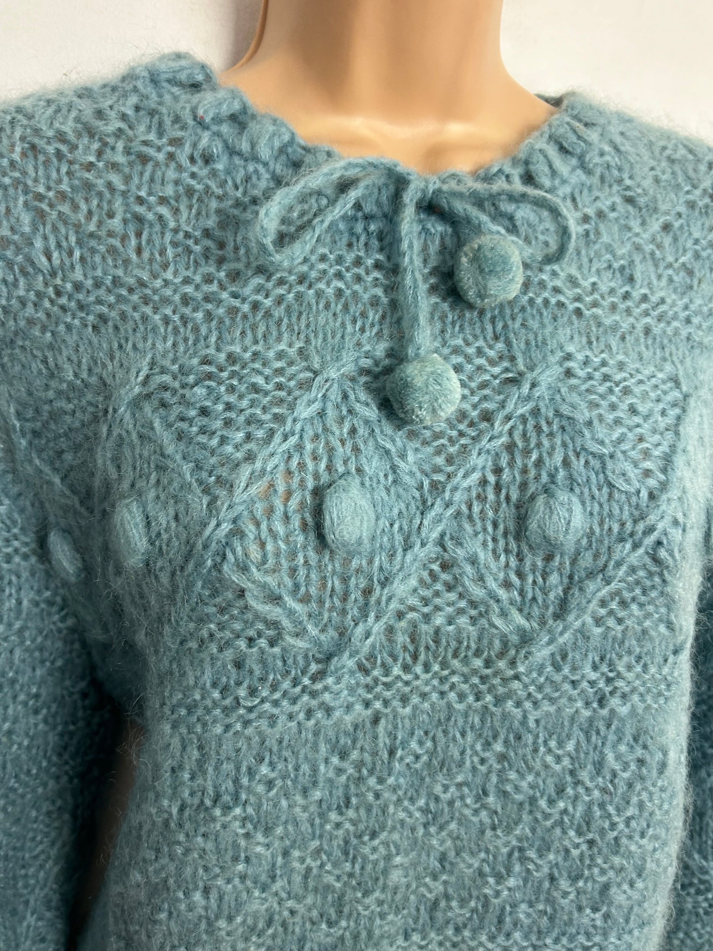 Vintage 1970s Up To Size 14 Duck Egg Blue Home Knitted Mohair Mix Pom Pom Tie Fastening Jumper