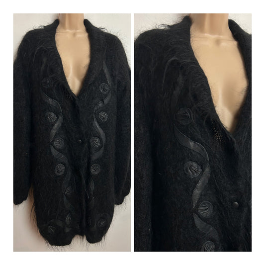 Vintage 1980s One Size Up To 16/18 Black Mohair Faux Leather Applique Fully Lined Cardigan