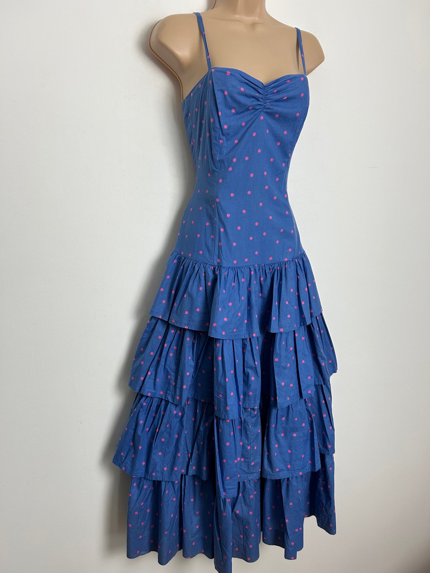 Vintage 1980s LAURA ASHLEY Size 8 Blue & Pink Polka Dot Print Layered Ra Ra Style Midaxi Dress