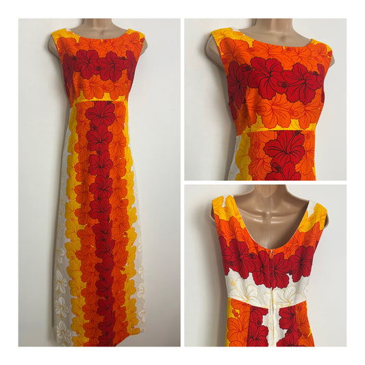 Vintage 1960s UI MAIKAI Size 10 White Orange & Red Hibiscus Floral Print Barkcloth Cotton Hawaiian MuuMuu Summer Maxi Dress