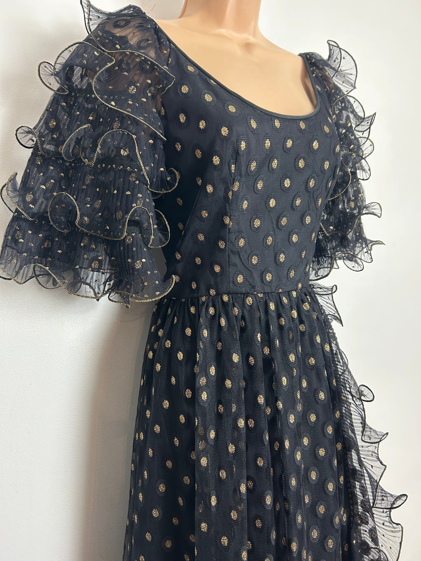 Vintage Late 1970s JOHN CHARLES Size 8 Black & Gold Spot Pattern Ruffle Sleeve Evening Maxi Dress