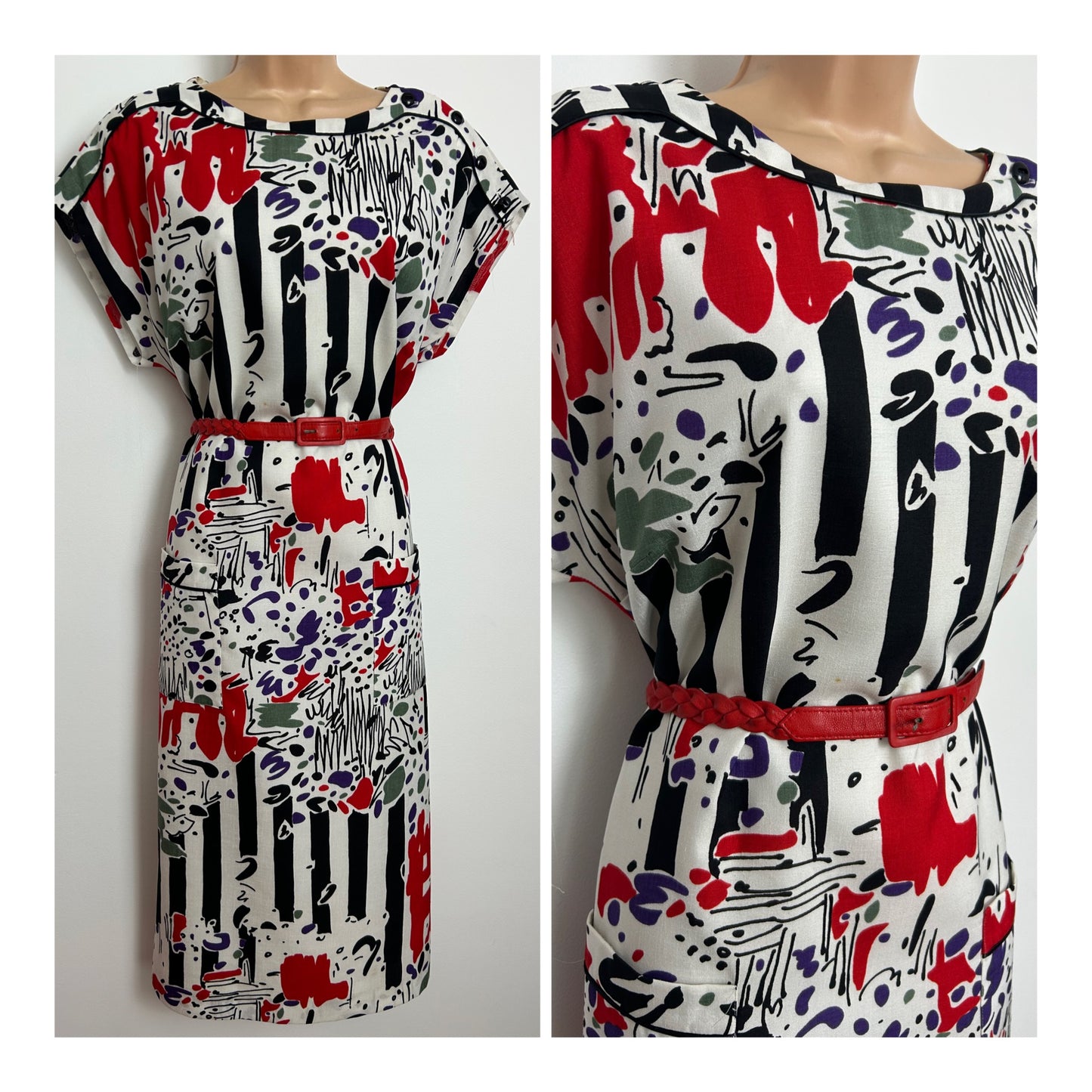 Vintage 1980s Size 16 White Red Black Purple Abstract Print Belted Straight Fitting Day Dress