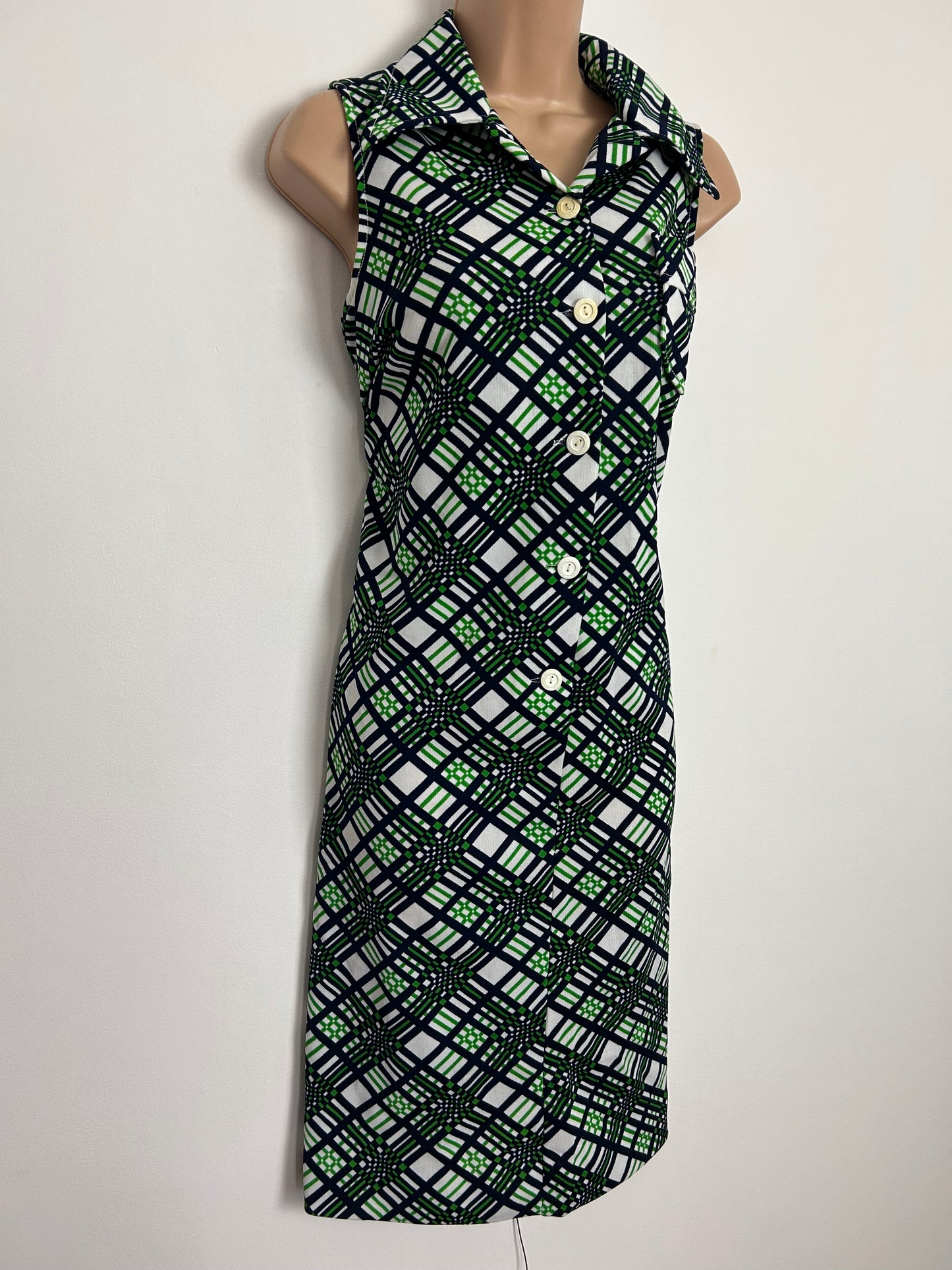 Vintage 1970s UK Size 12 ELIZABETH TEES Blue Green & White Check Print Sleeveless Mod Dress