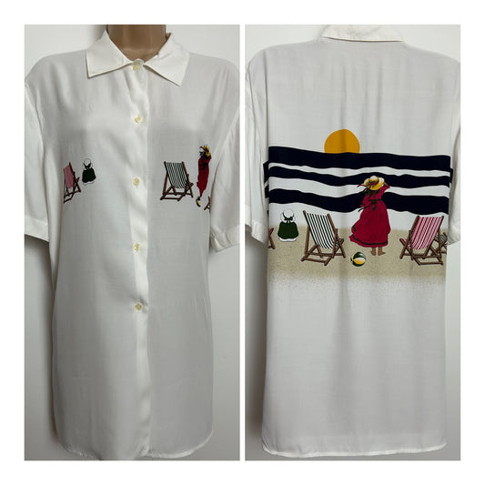 Vintage 1980s Size 14 White Deckchair Summer Beach Print Short Sleeve Summer Shirt