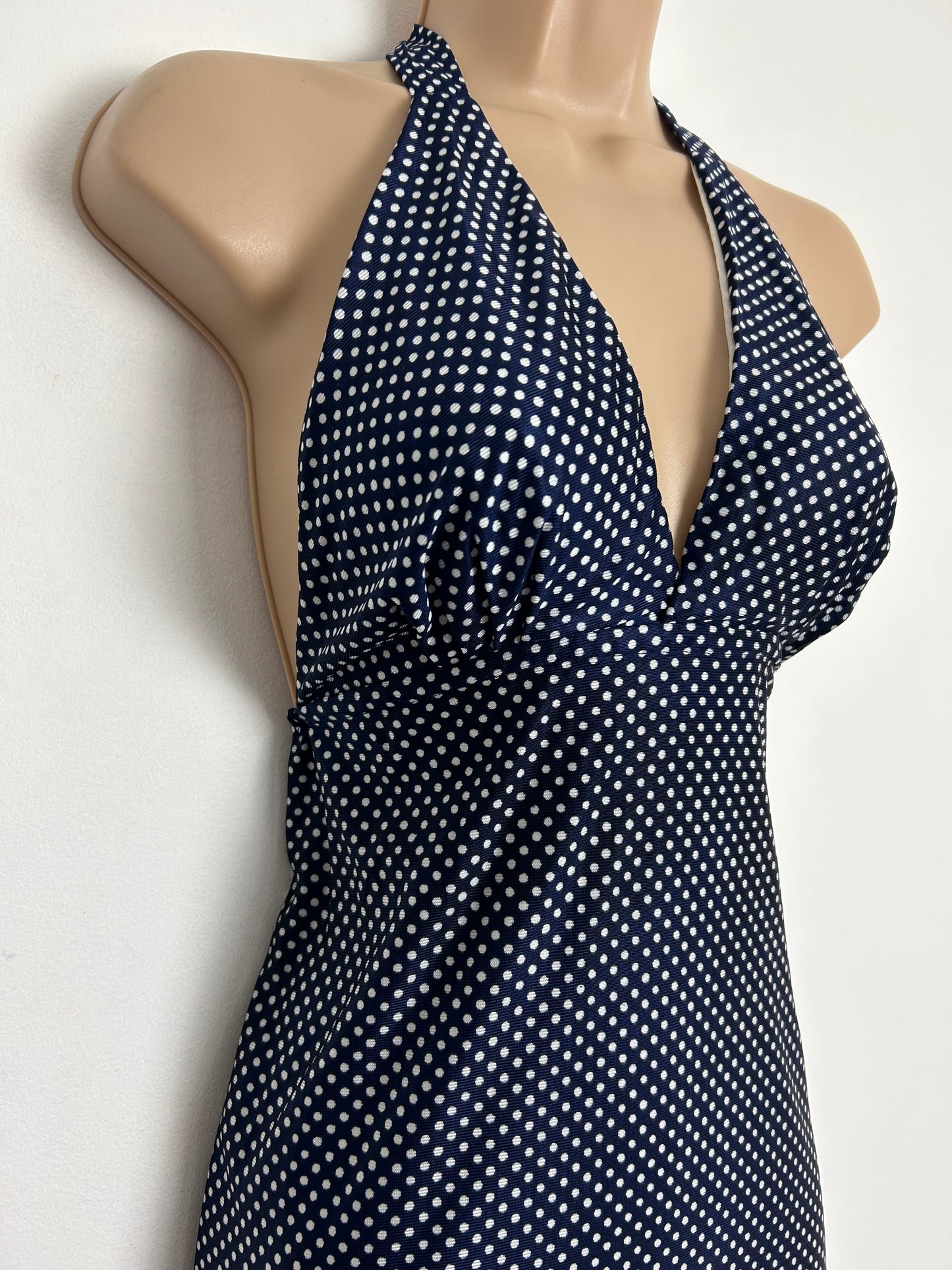 Vintage 1970s UK Size 8 Navy Blue & White Polka Dot Print Halterneck Summer Maxi Dress