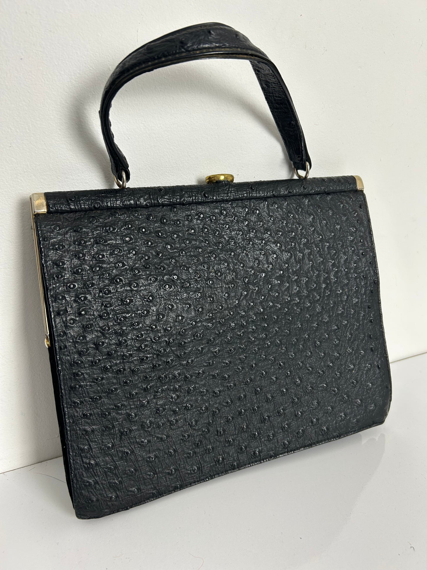 Vintage 1950s Black Ostrich Leather Kelly Style Handbag