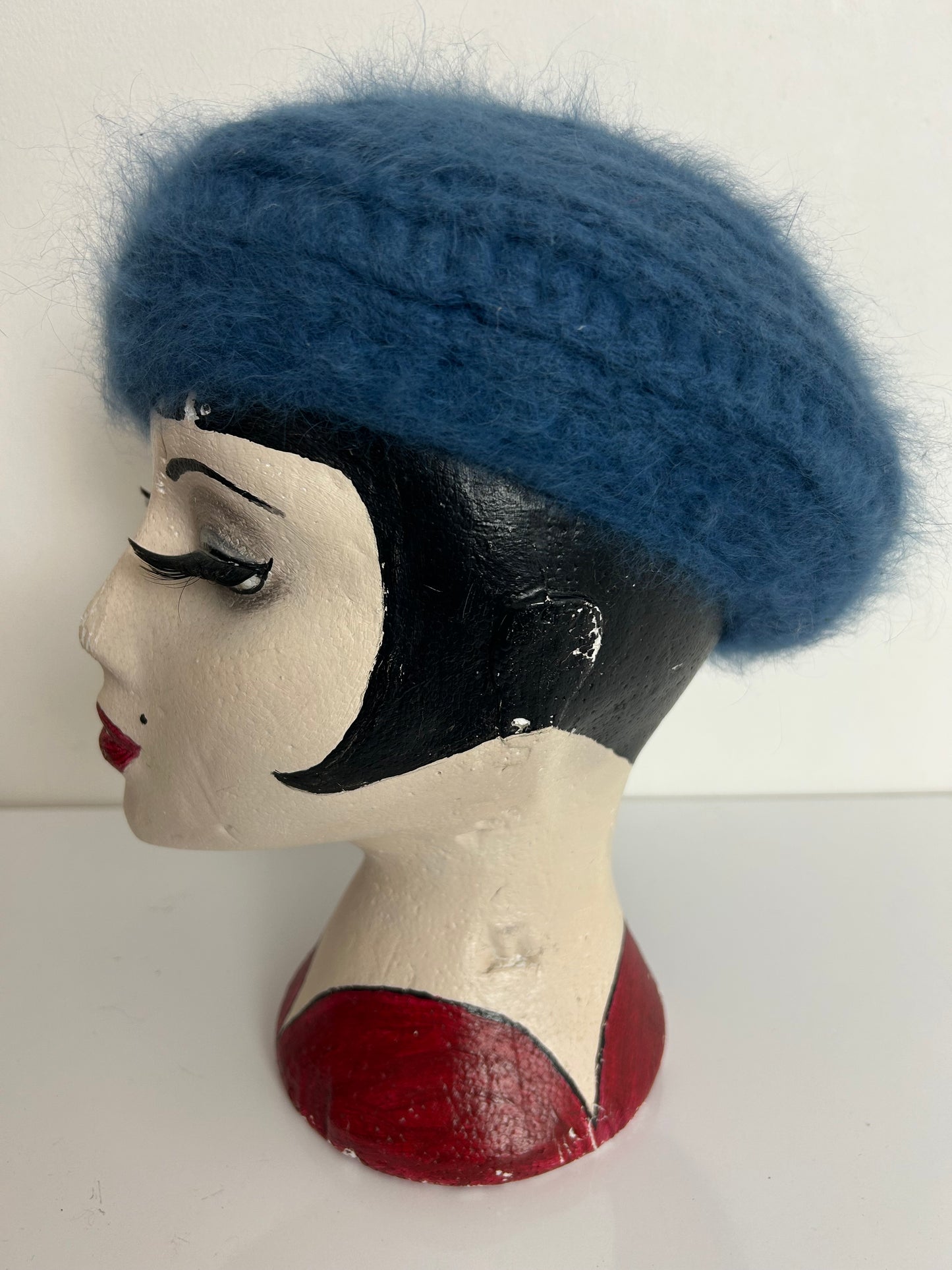 Vintage Dusky Blue Chunky Knit Wool & Angora Mix Beret Style Reversible Hat