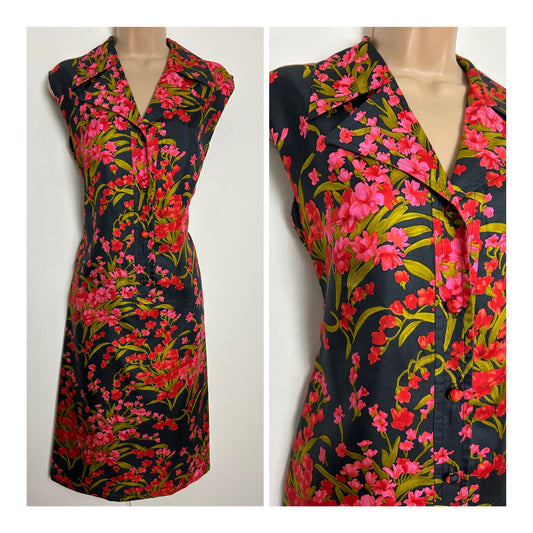 Vintage 1970s Size 10 Black Pink & Dark Green Floral Print Sleeveless Mod Shift Dress