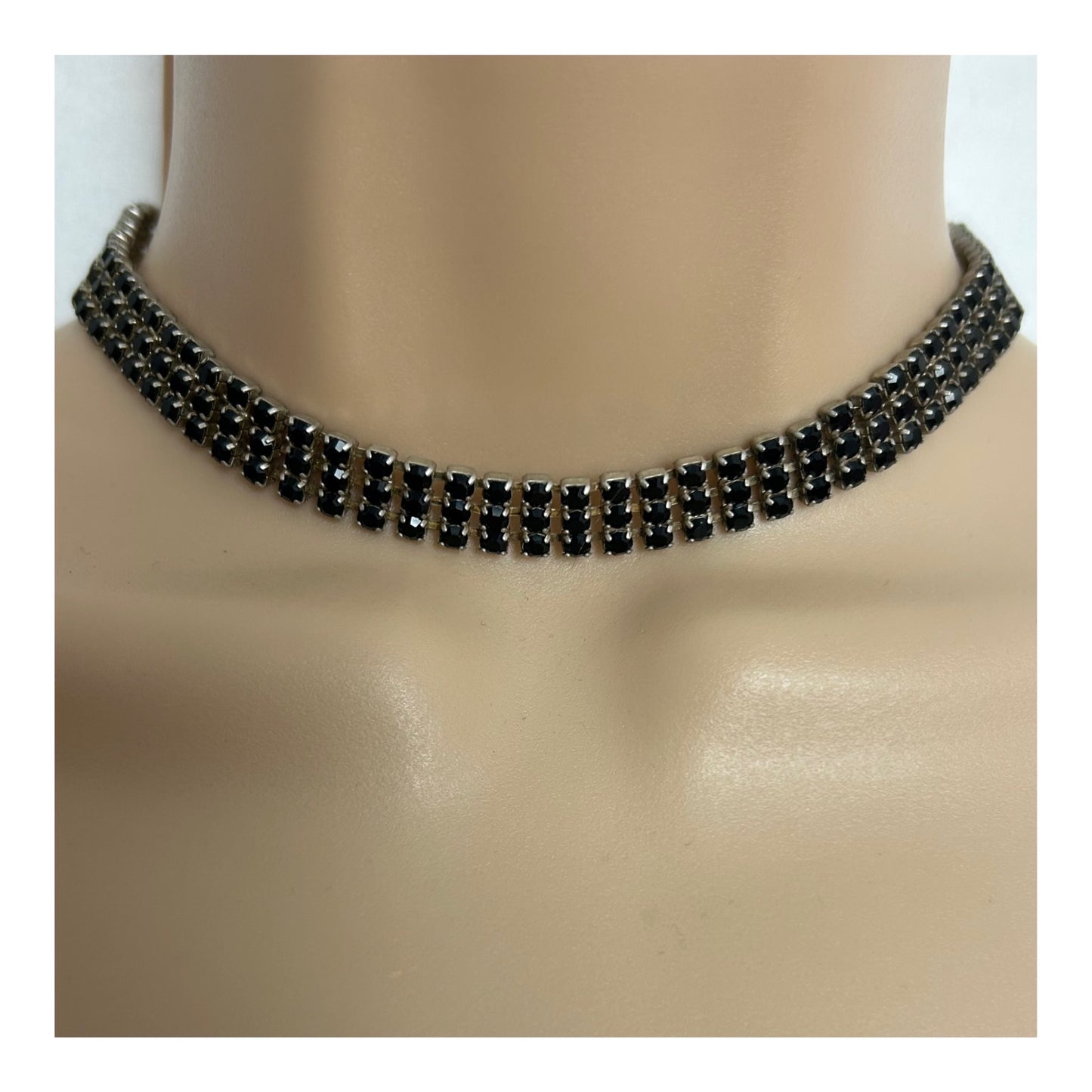 Vintage Silver Tone Paste Black Diamante Stone Set Choker Necklace