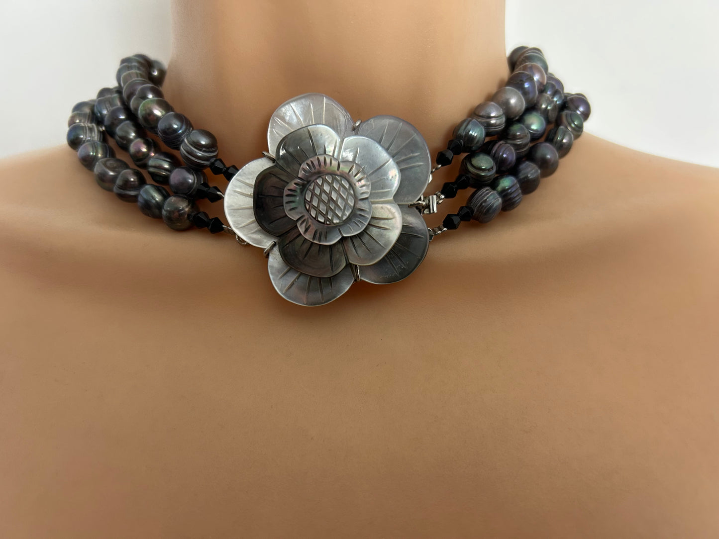 Beautiful Black Real Freshwater Baroque Pearl Multistrand Necklace With Mother Of Pearl Flower Clasp