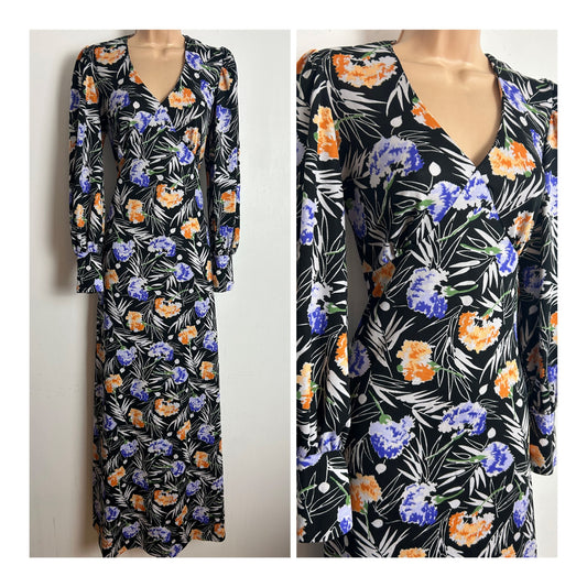 Vintage 1970's JANE DELFIN Size 10 Black White Blue & Orange Floral Print Long Sleeve Maxi Dress