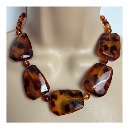 Vintage 1980s Leopard Print Tortoiseshell Style Chunky Beaded Choker Style Necklace