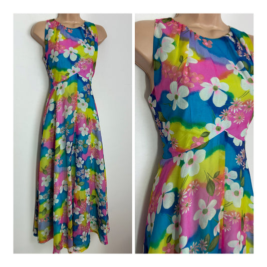 Vintage 1970s Size 10 Blue Pink Yellow & White Floral Print Chiffon Crepe Summer Maxi Dress