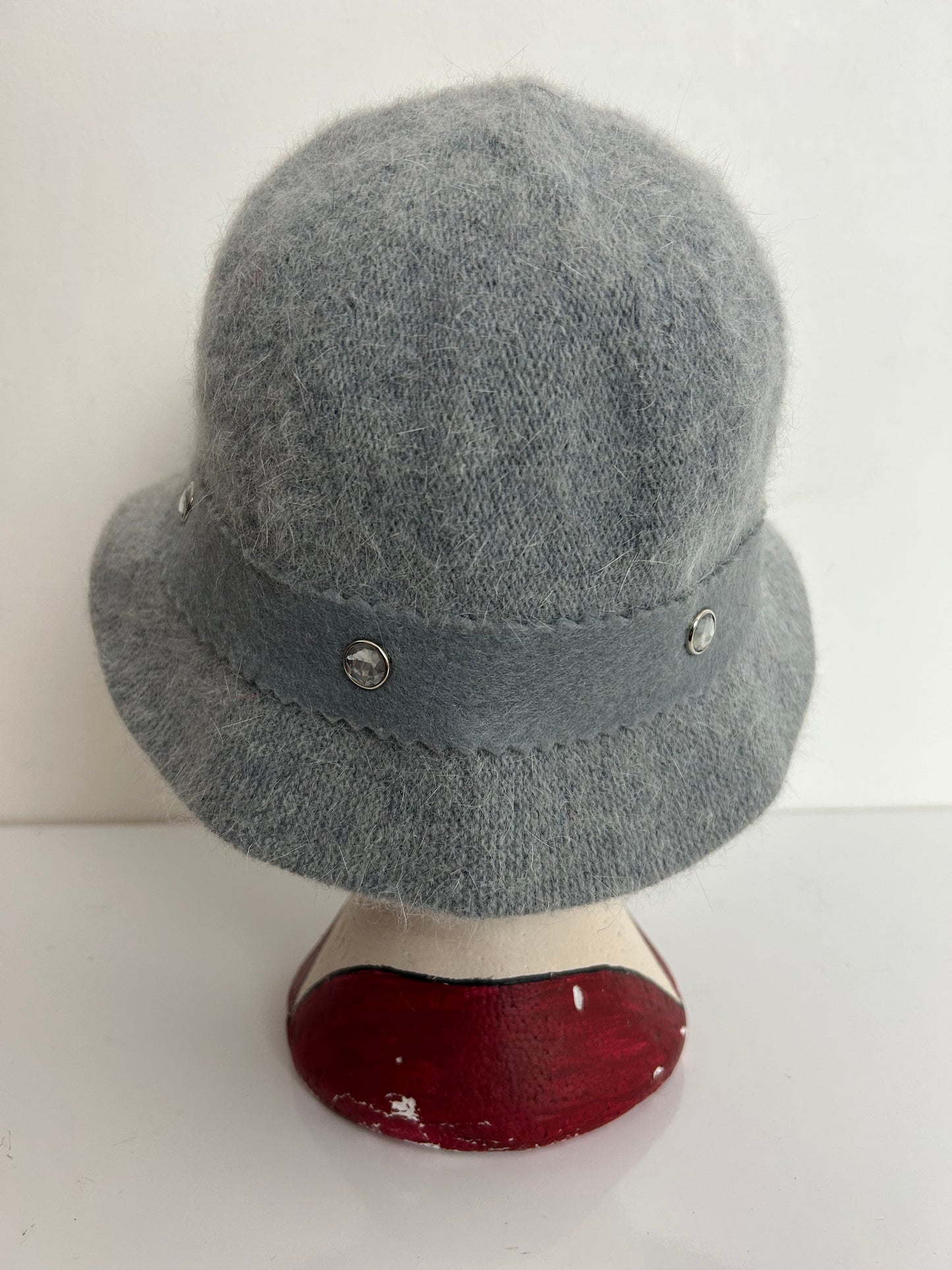 Vintage Grey Angora & Wool Mix Diamante & Felt Trim Trilby Style Hat