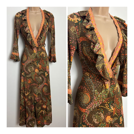 Vintage 1970s MARTIN EMPREX Size 8 Brown Orange  Green Floral Print Ruffle & Lace Trim Full Wrap Hostess Gown or Midi Dress